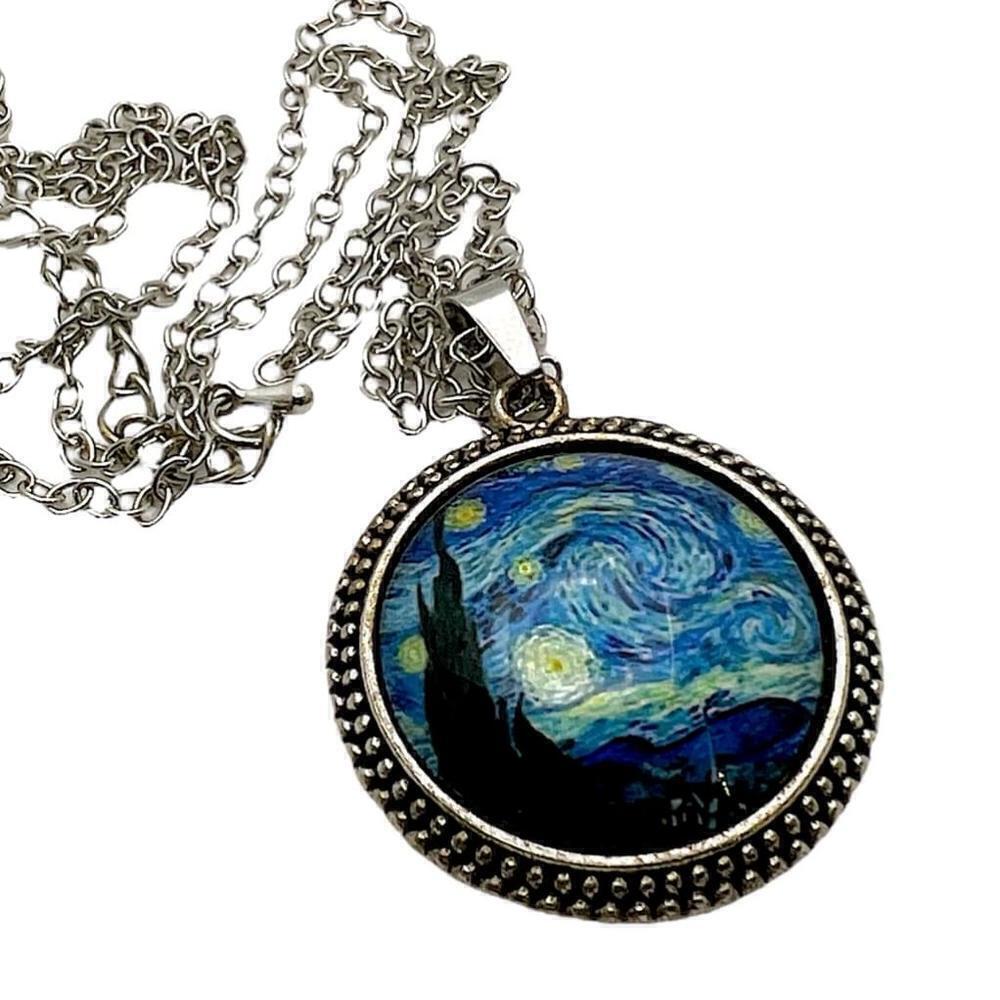 VAN GOGH Starry Night 25mm Antique Silver Glass Cabochon Pendant Necklace
